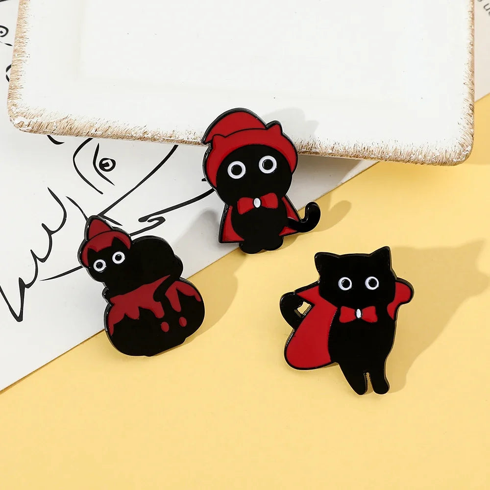 5pcs Halloween Cat & Skeleton Brooch Set – Pumpkin, Bat, Broom & Lapel Pins