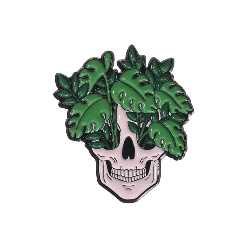 Gothic Skull Plant Enamel Pin – Punk Skeleton Brooch