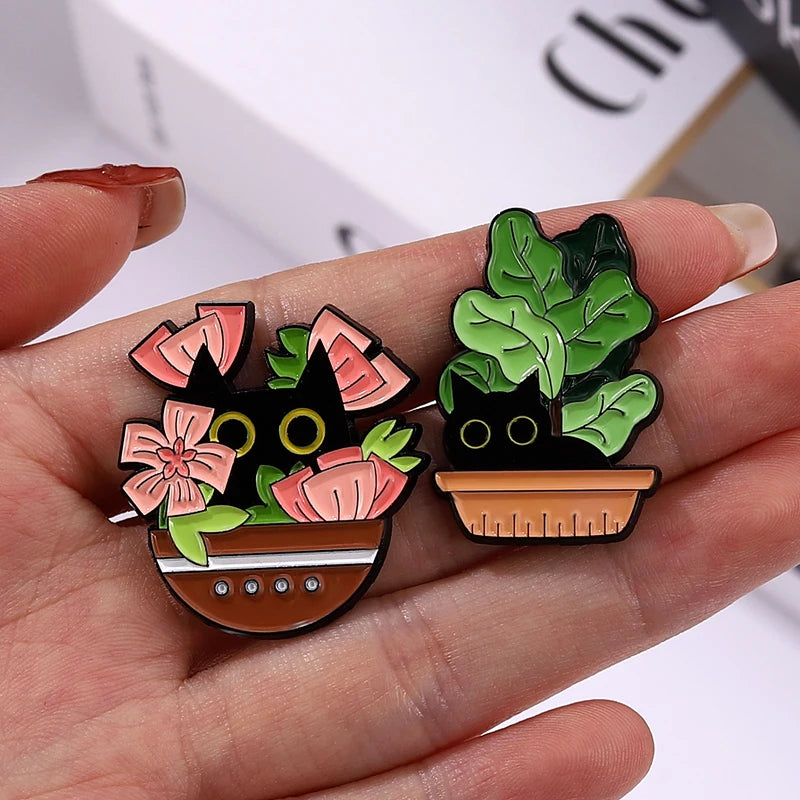 Cats in Plants Enamel Pin – Cute Black Cat Potted Plant Brooch Gift