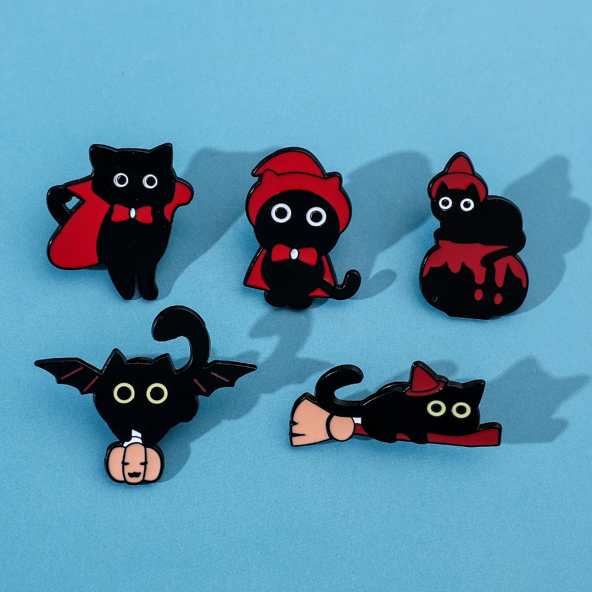 5pcs Halloween Cat & Skeleton Brooch Set – Pumpkin, Bat, Broom & Lapel Pins