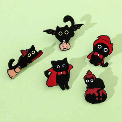 5pcs Halloween Cat & Skeleton Brooch Set – Pumpkin, Bat, Broom & Lapel Pins