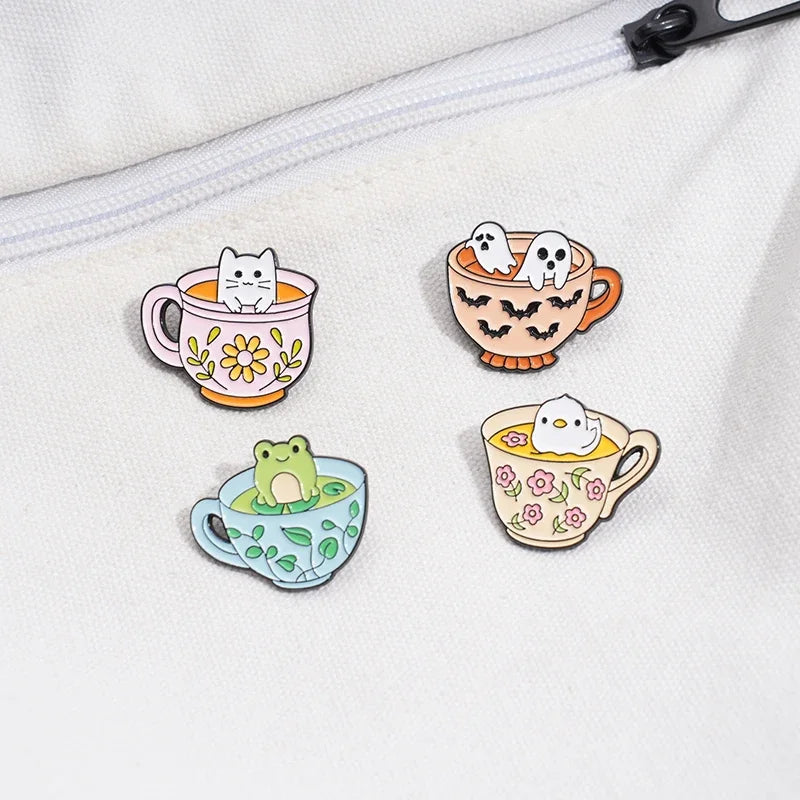Coffee & Animal Enamel Pin Collection – Cute Ghost, Duck, Frog & Capybara Brooches