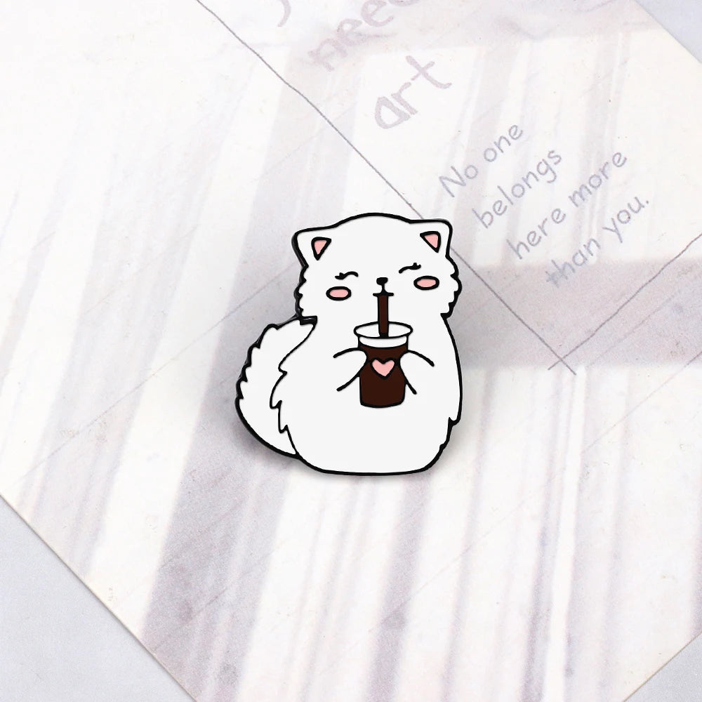 Cute White Kitten Enamel Pin – Cola Cat Brooch for Kids & Friends