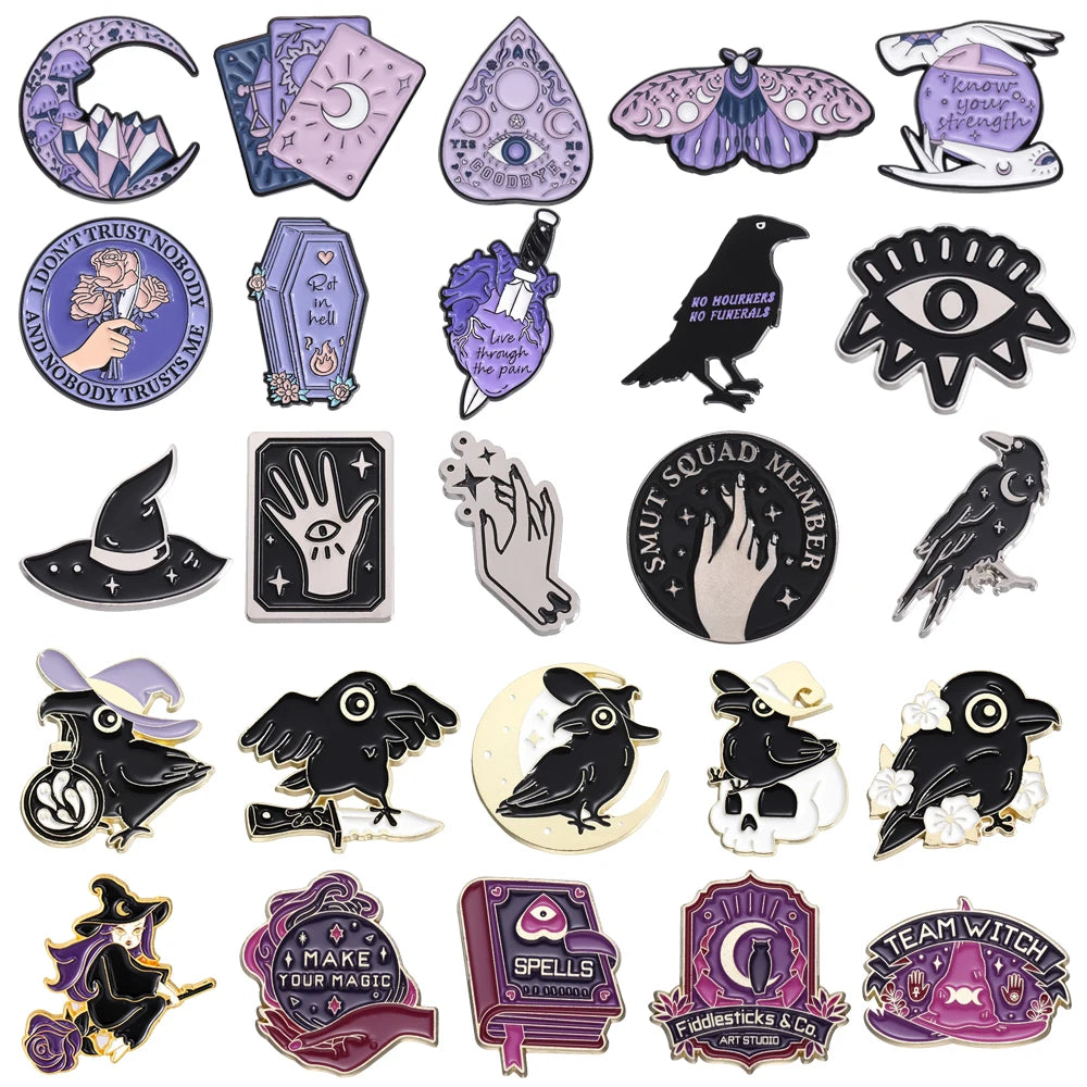 Mystic Crow Enamel Pin – Tarot & Magic Ball Design