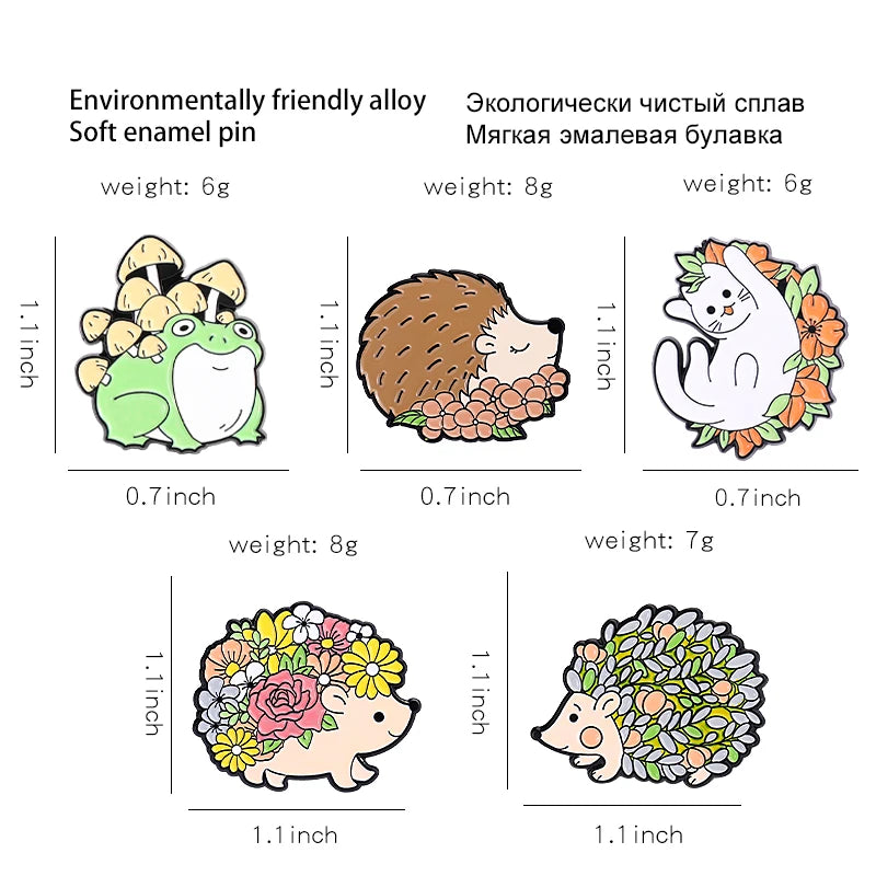 Nature-Inspired Enamel Pins – Hedgehog, Cat & Frog