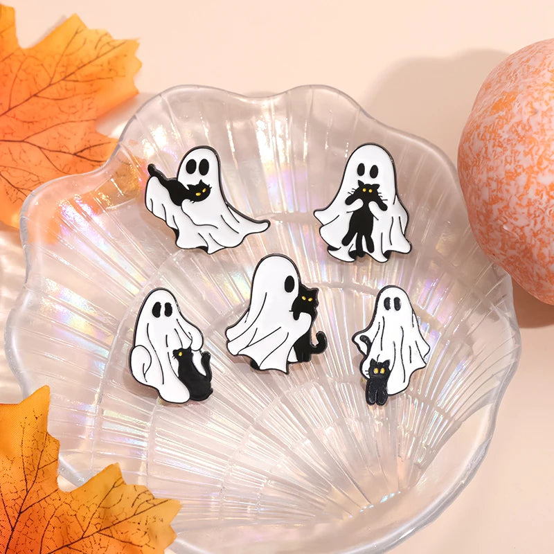 Cute Ghost Cat Enamel Pin – Black Cat Lapel Brooch Backpack & Clothes Accessory
