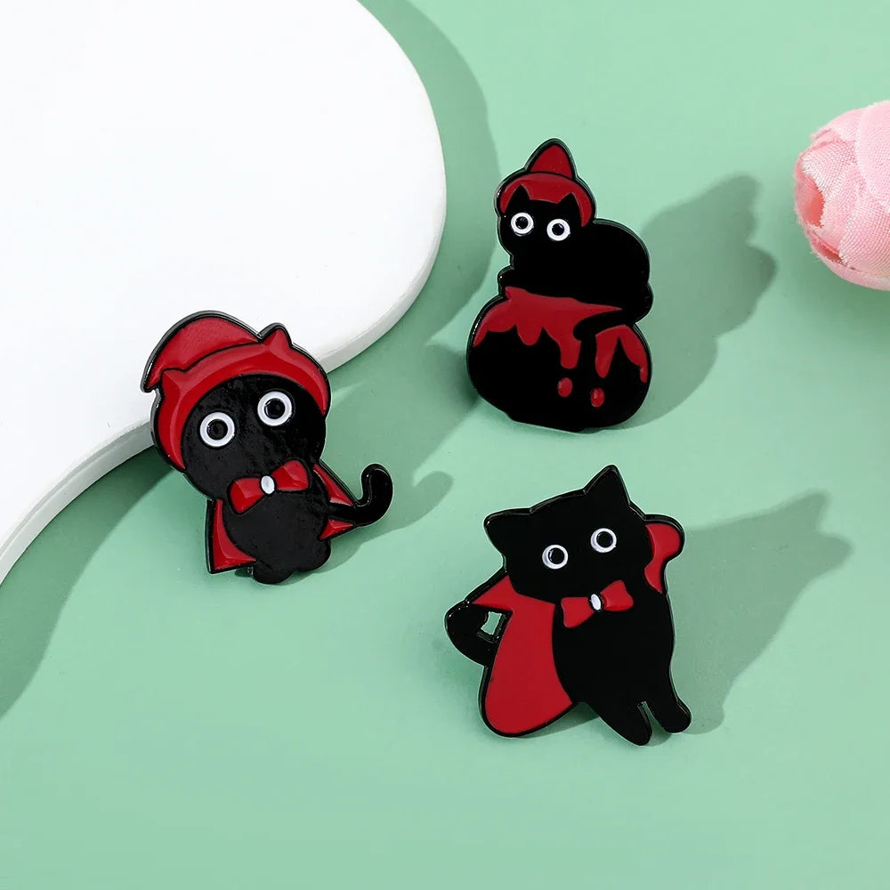 5pcs Halloween Cat & Skeleton Brooch Set – Pumpkin, Bat, Broom & Lapel Pins
