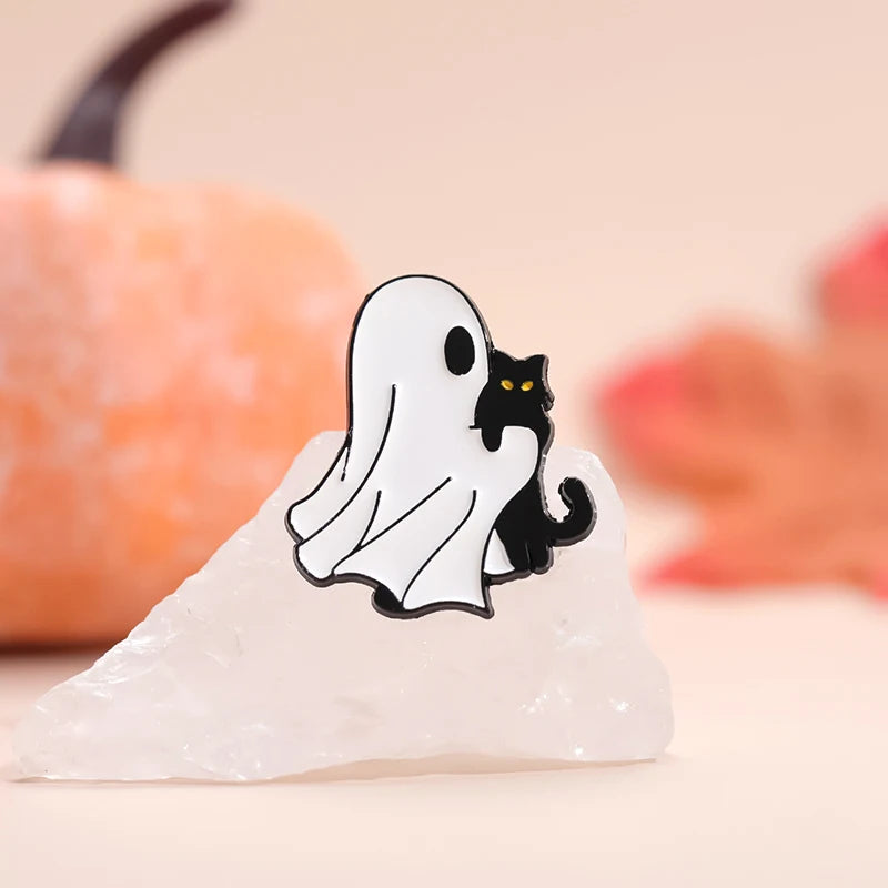 Cute Ghost Cat Enamel Pin – Black Cat Lapel Brooch Backpack & Clothes Accessory