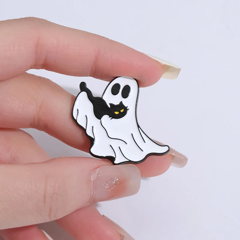 Cute Ghost Cat Enamel Pin – Black Cat Lapel Brooch Backpack & Clothes Accessory