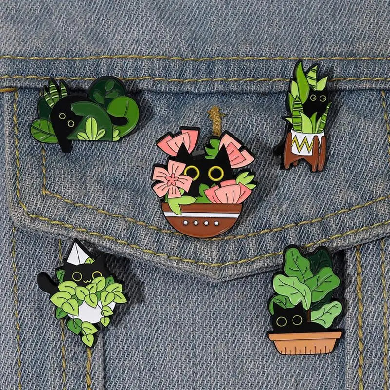 Cats in Plants Enamel Pin – Cute Black Cat Potted Plant Brooch Gift