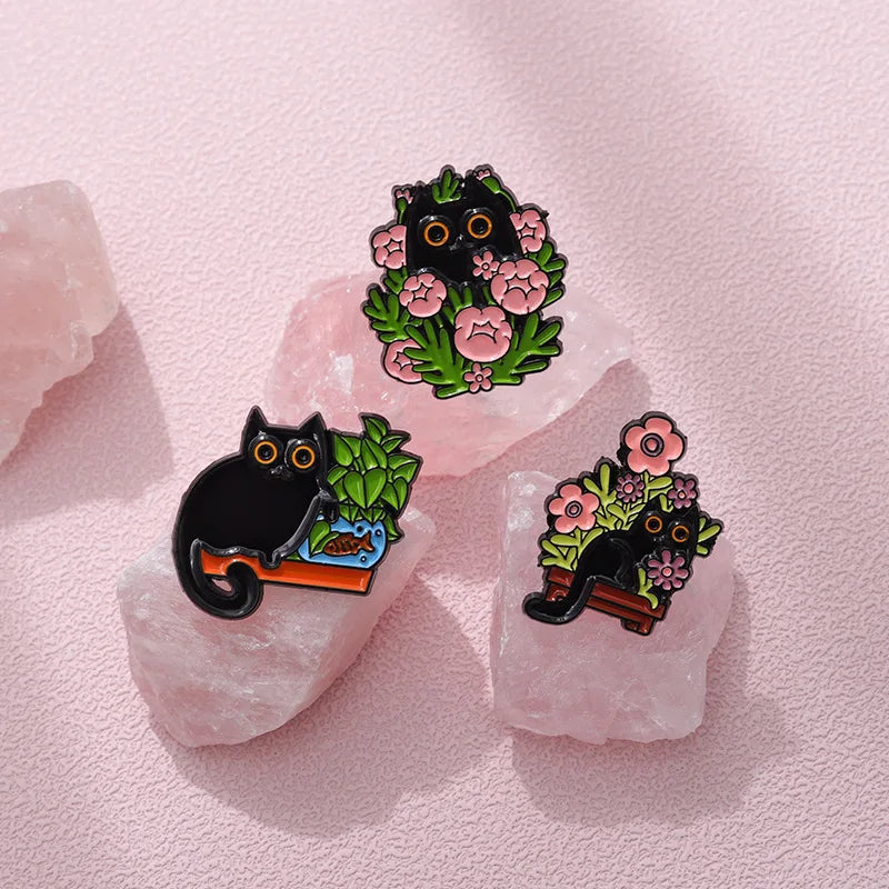 Cats in Plants Enamel Pin – Cute Black Cat Potted Plant Brooch Gift