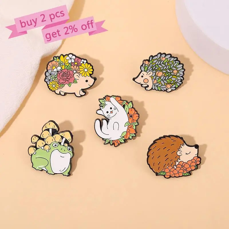 Nature-Inspired Enamel Pins – Hedgehog, Cat & Frog