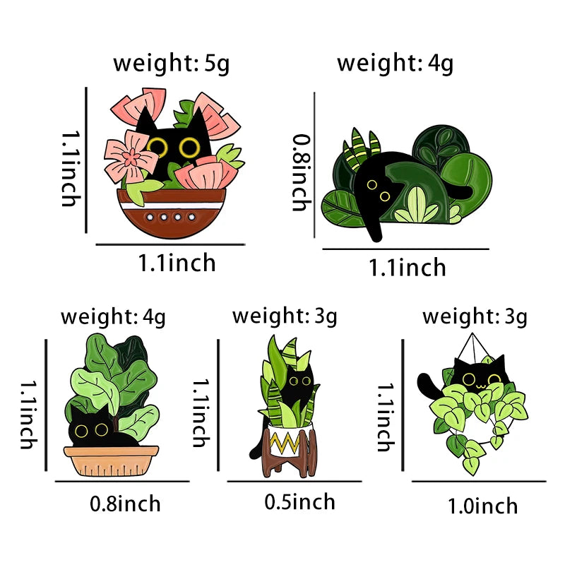 Cats in Plants Enamel Pin – Cute Black Cat Potted Plant Brooch Gift