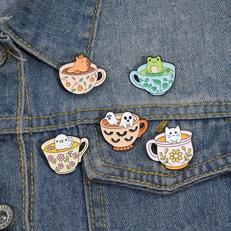 Coffee & Animal Enamel Pin Collection – Cute Ghost, Duck, Frog & Capybara Brooches