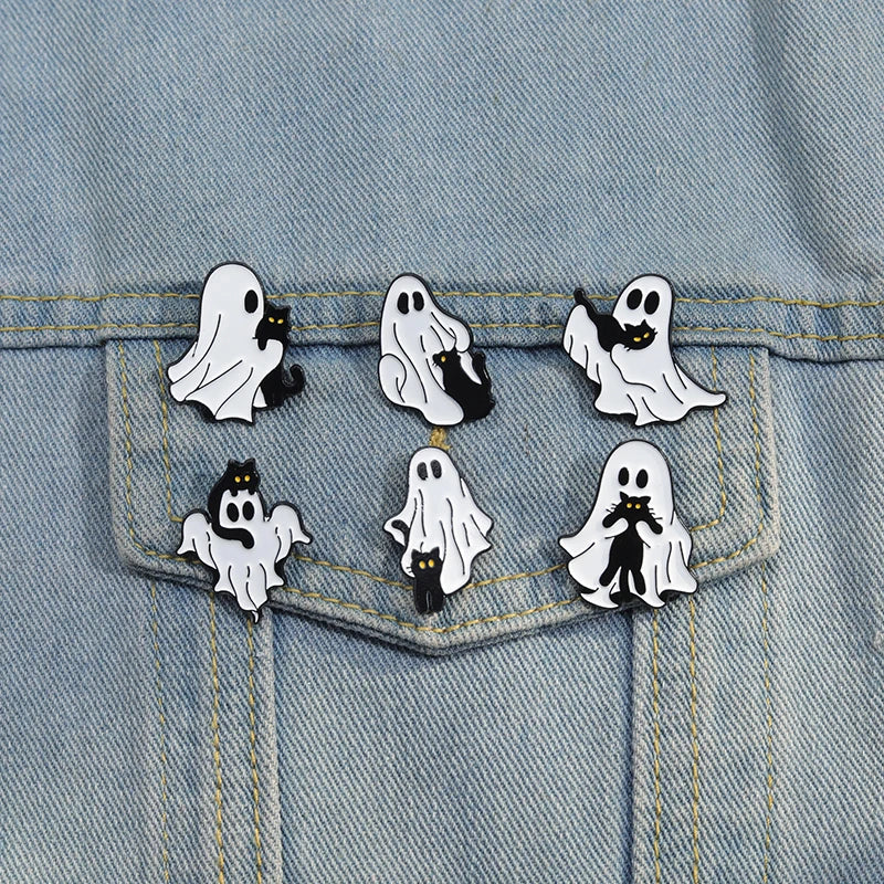 Cute Ghost Cat Enamel Pin – Black Cat Lapel Brooch Backpack & Clothes Accessory