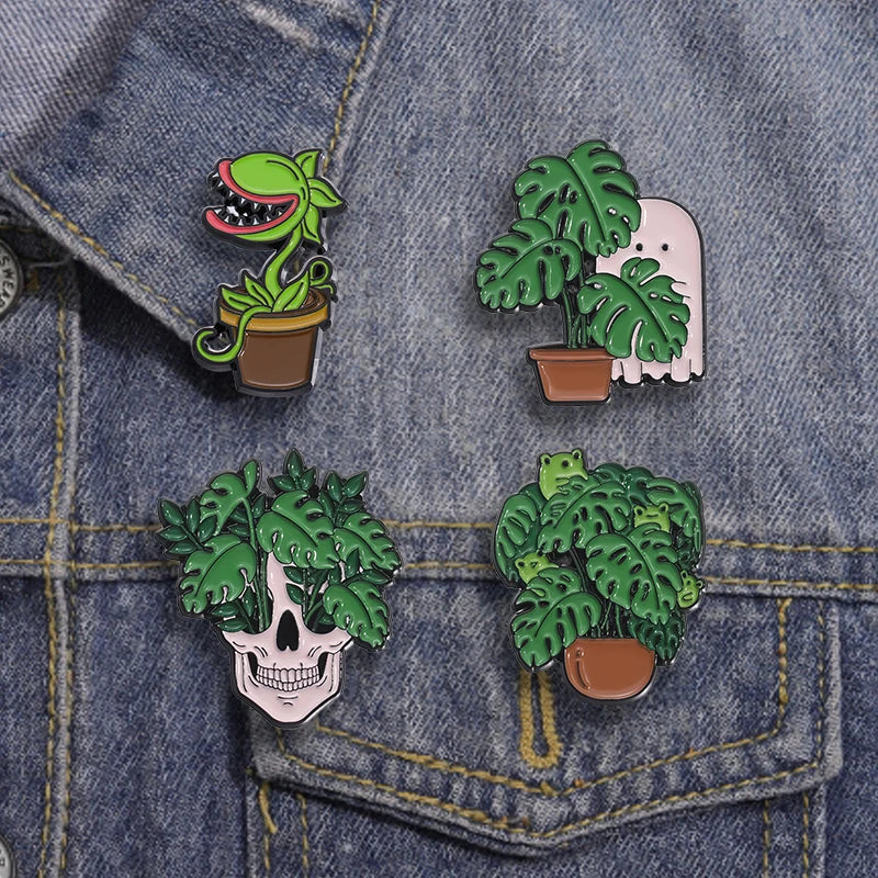 Gothic Skull Plant Enamel Pin – Punk Skeleton Brooch