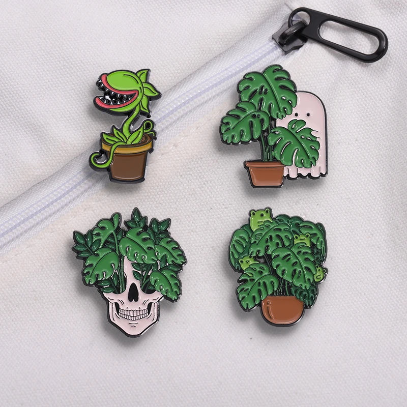 Gothic Skull Plant Enamel Pin – Punk Skeleton Brooch