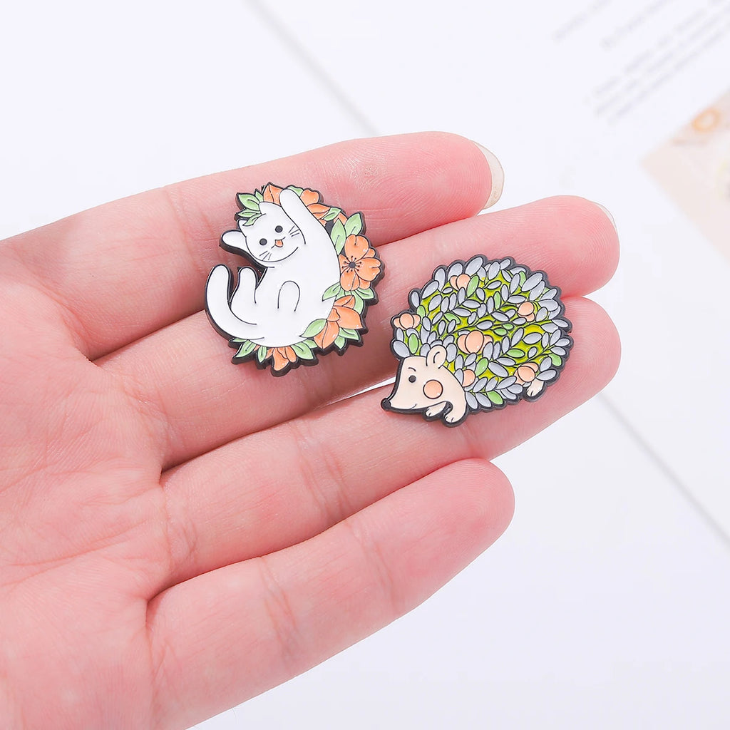 Nature-Inspired Enamel Pins – Hedgehog, Cat & Frog