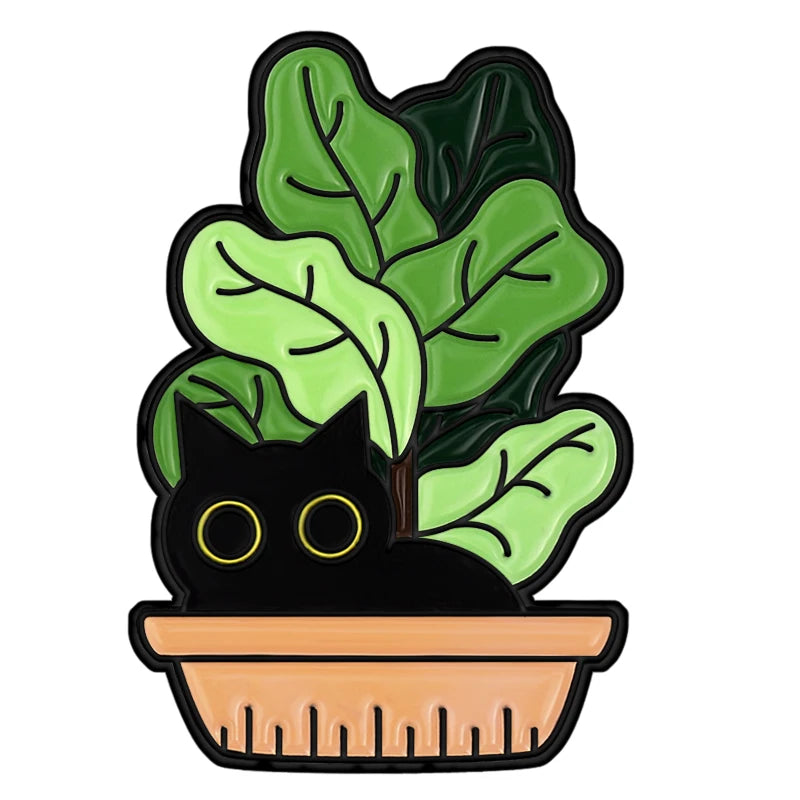 Cats in Plants Enamel Pin – Cute Black Cat Potted Plant Brooch Gift