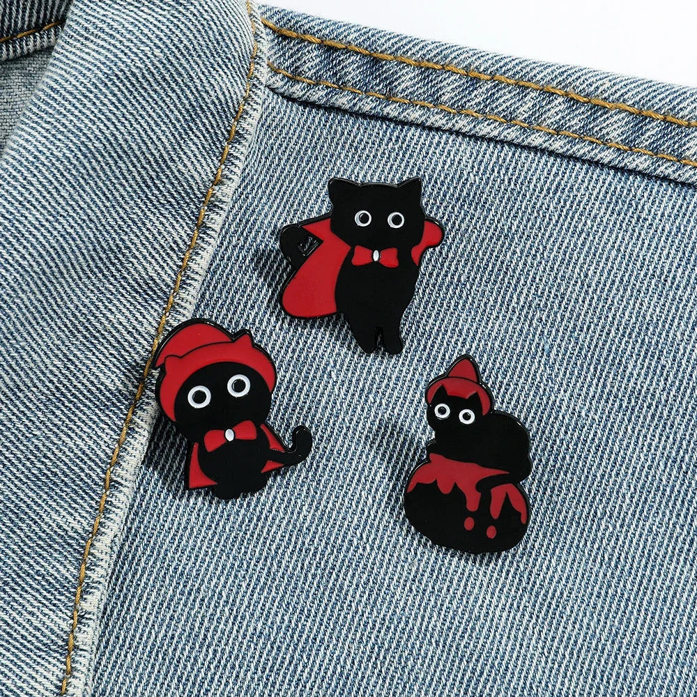 5pcs Halloween Cat & Skeleton Brooch Set – Pumpkin, Bat, Broom & Lapel Pins