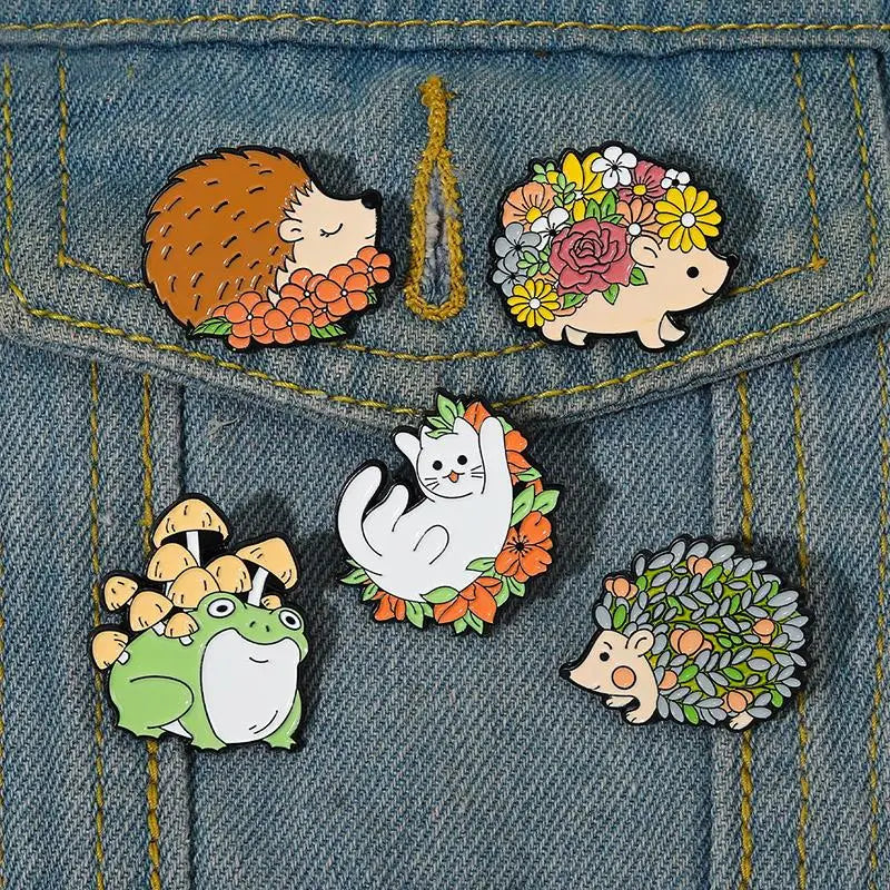 Nature-Inspired Enamel Pins – Hedgehog, Cat & Frog