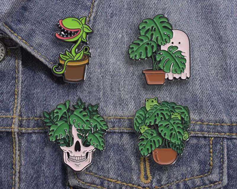 Gothic Skull Plant Enamel Pin – Punk Skeleton Brooch