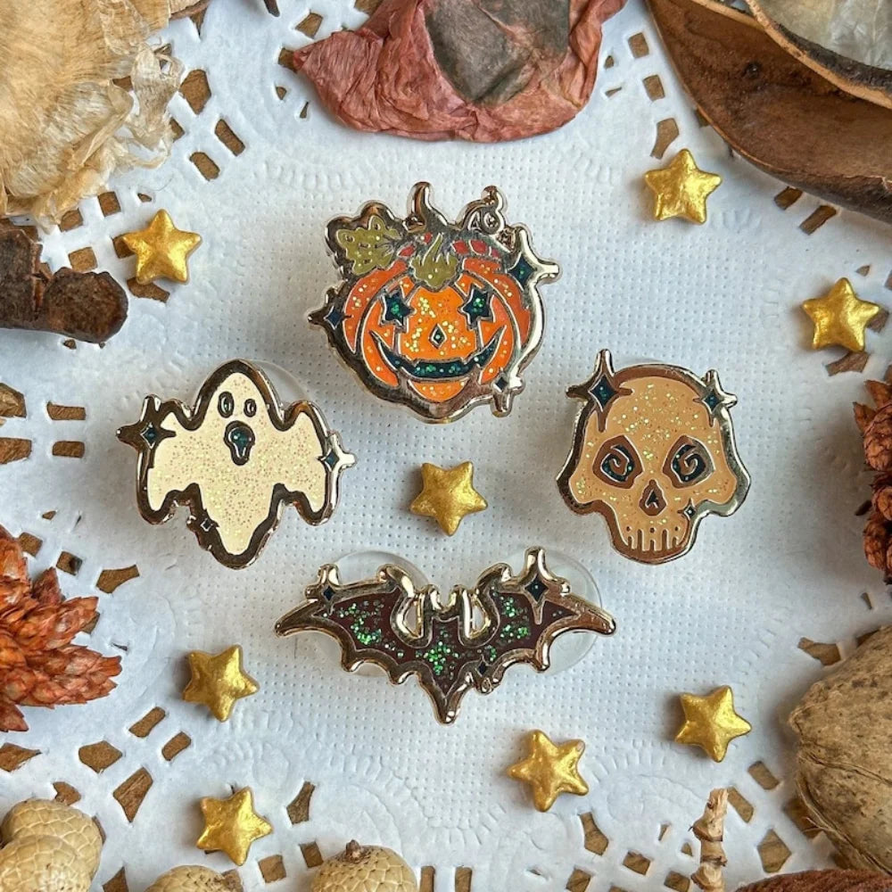 Spooky Friends Enamel Pin Set – Bat, Ghost & Candy Corn