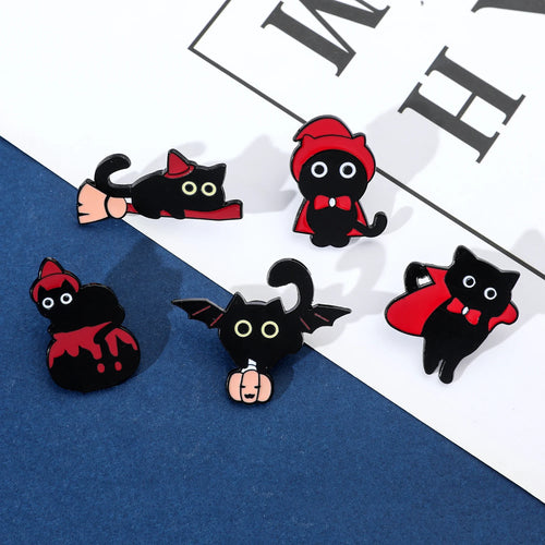 5pcs Halloween Cat & Skeleton Brooch Set – Pumpkin, Bat, Broom & Lapel Pins