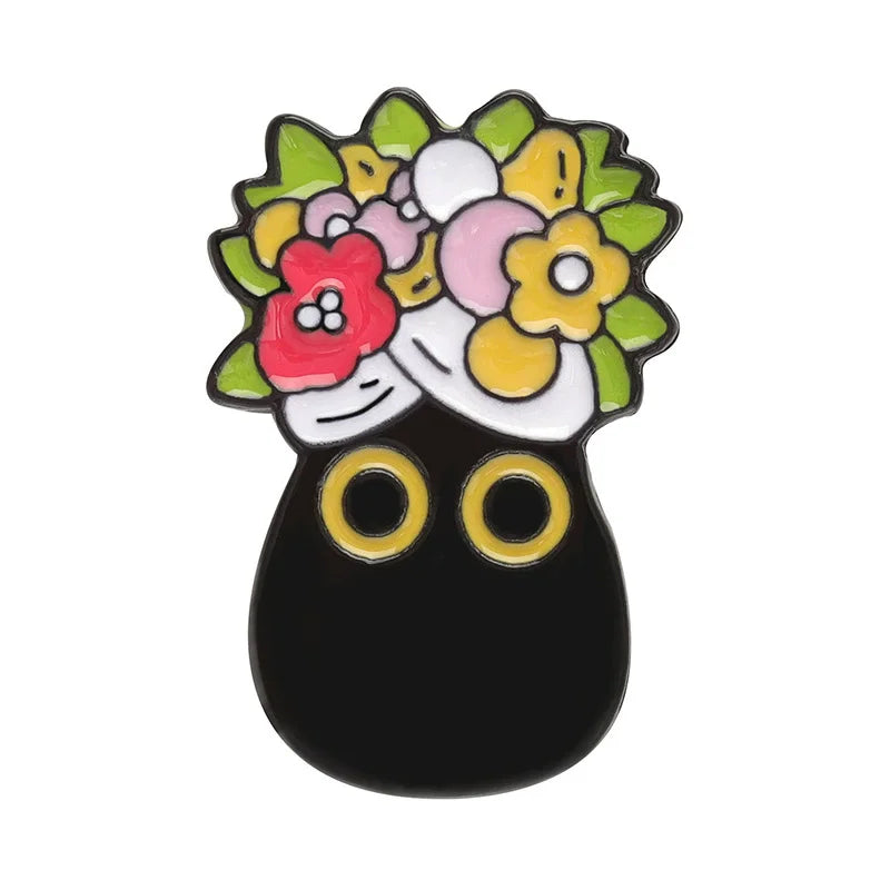 Cats in Plants Enamel Pin – Cute Black Cat Potted Plant Brooch Gift