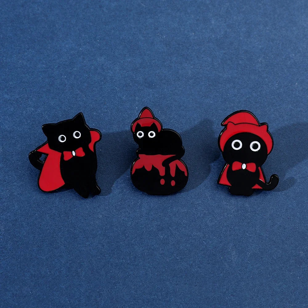 5pcs Halloween Cat & Skeleton Brooch Set – Pumpkin, Bat, Broom & Lapel Pins