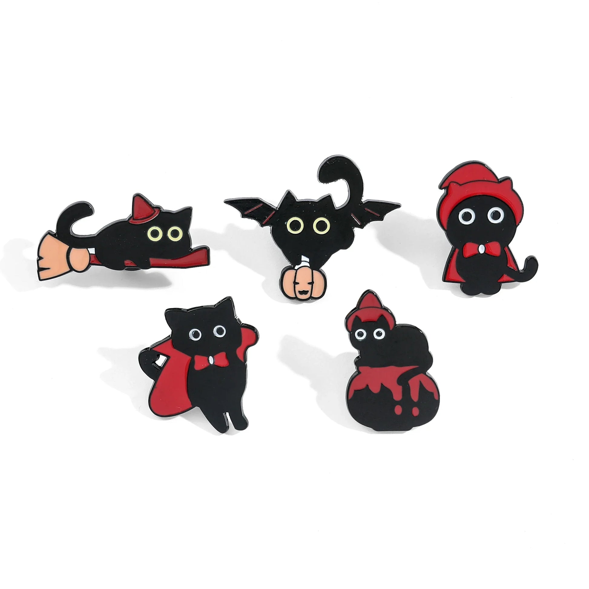 5pcs Halloween Cat & Skeleton Brooch Set – Pumpkin, Bat, Broom & Lapel Pins