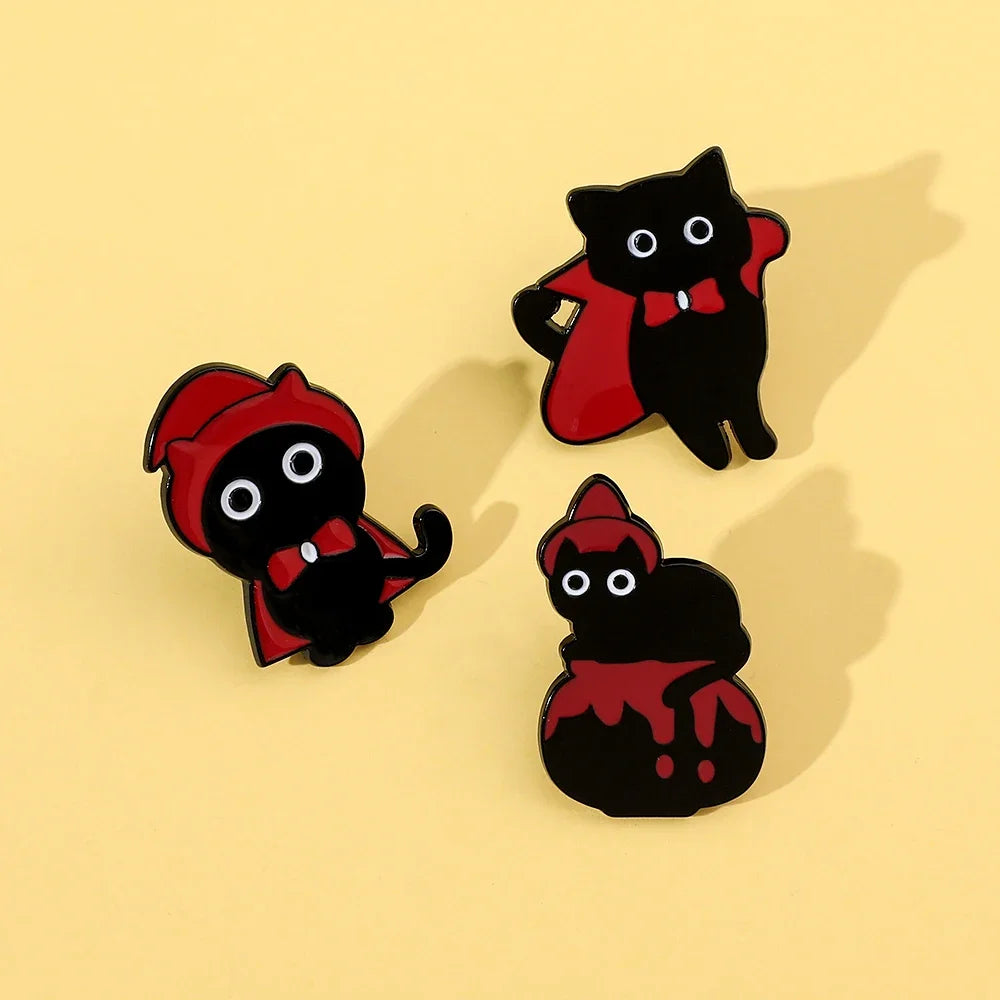 5pcs Halloween Cat & Skeleton Brooch Set – Pumpkin, Bat, Broom & Lapel Pins