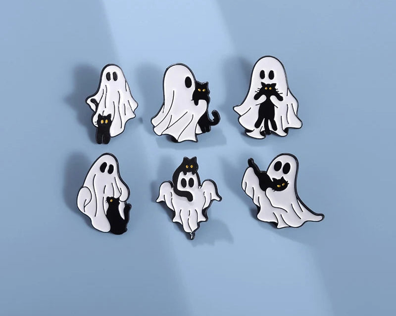 Cute Ghost Cat Enamel Pin – Black Cat Lapel Brooch Backpack & Clothes Accessory