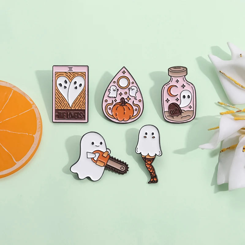 Halloween Ghost & Pumpkin Enamel Pin – Spooky Tarot Brooch Lapel Badge