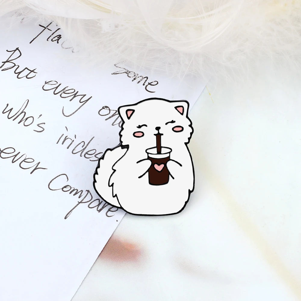 Cute White Kitten Enamel Pin – Cola Cat Brooch for Kids & Friends
