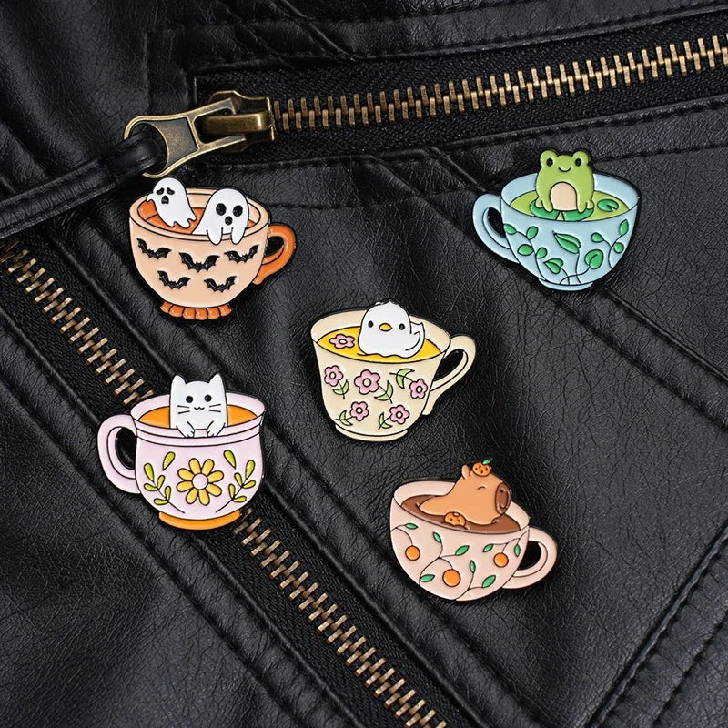 Coffee & Animal Enamel Pin Collection – Cute Ghost, Duck, Frog & Capybara Brooches