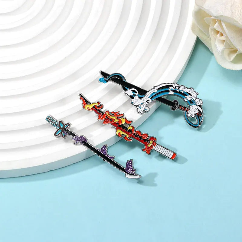 Demon Slayer Nichirin Sword Enamel Pin – Sea Wave, Fire, Butterfly & Snake Designs