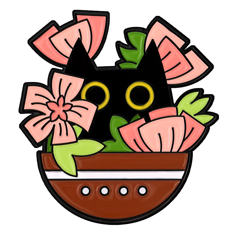 Cats in Plants Enamel Pin – Cute Black Cat Potted Plant Brooch Gift