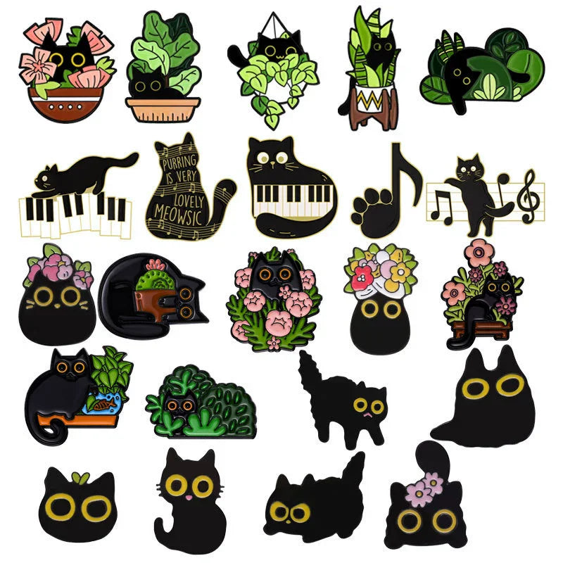Cats in Plants Enamel Pin – Cute Black Cat Potted Plant Brooch Gift