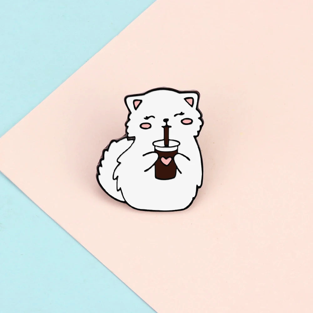 Cute White Kitten Enamel Pin – Cola Cat Brooch for Kids & Friends