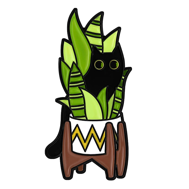 Cats in Plants Enamel Pin – Cute Black Cat Potted Plant Brooch Gift