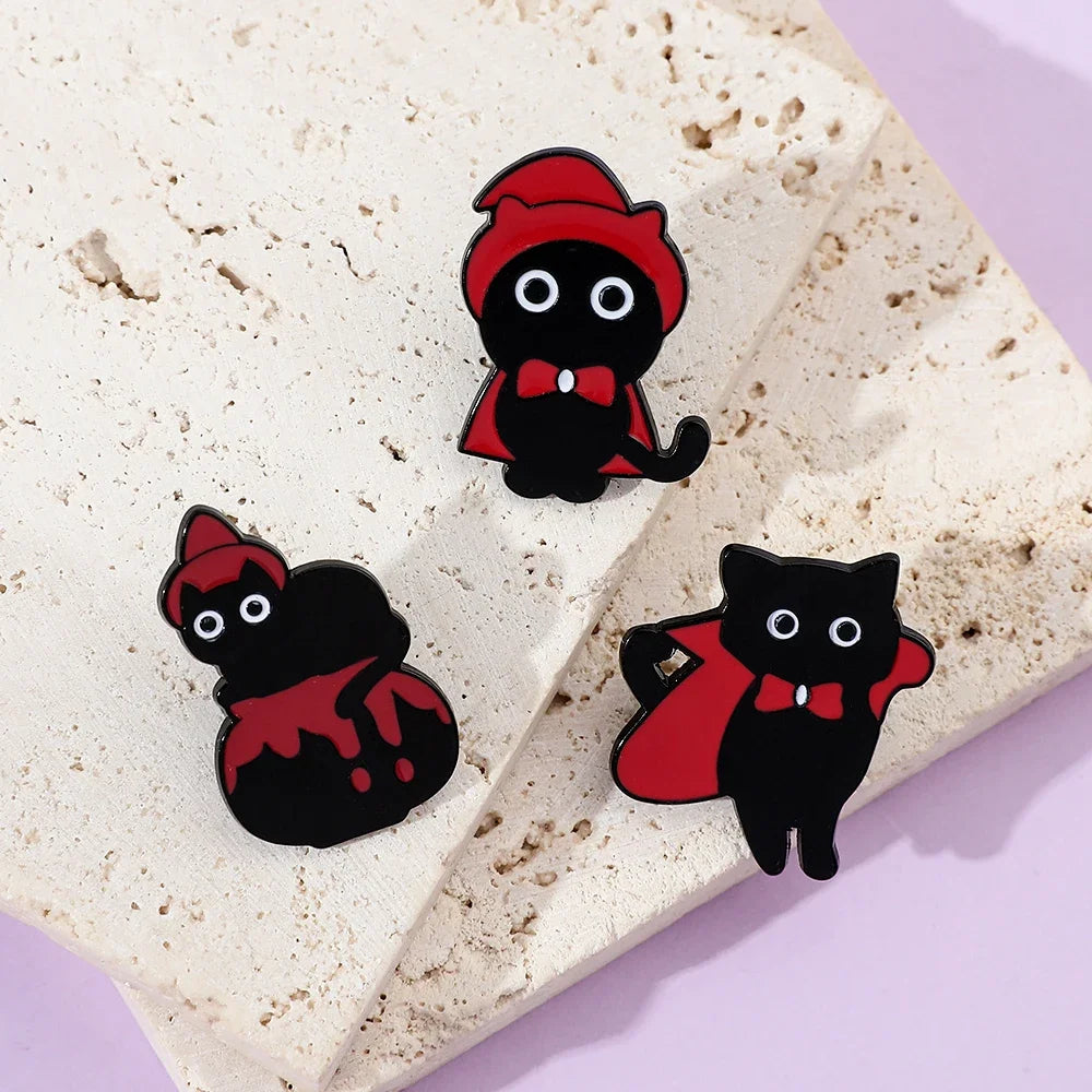 5pcs Halloween Cat & Skeleton Brooch Set – Pumpkin, Bat, Broom & Lapel Pins