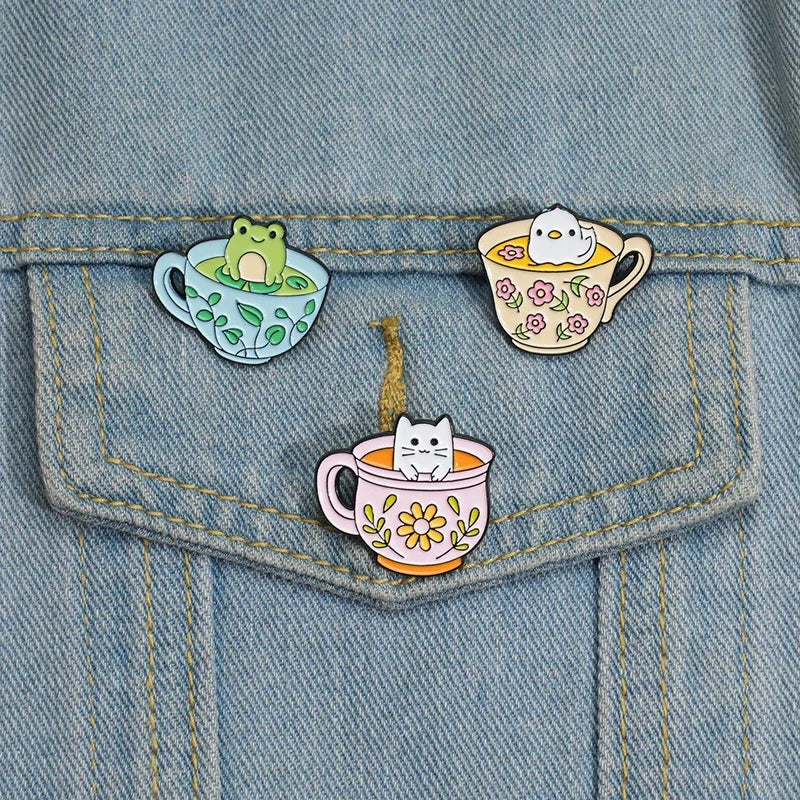 Coffee & Animal Enamel Pin Collection – Cute Ghost, Duck, Frog & Capybara Brooches