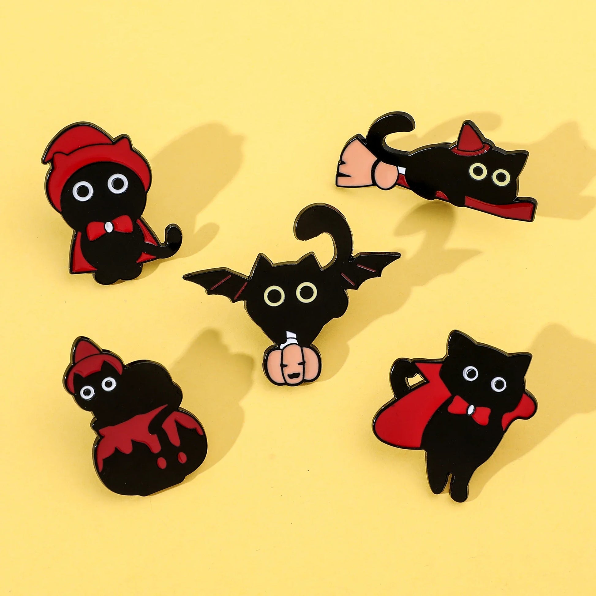 5pcs Halloween Cat & Skeleton Brooch Set – Pumpkin, Bat, Broom & Lapel Pins