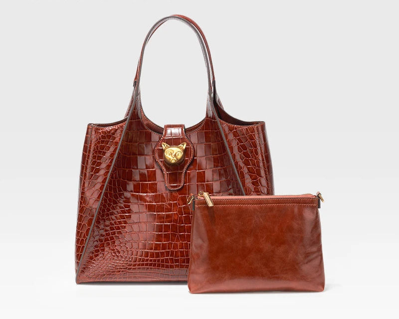 Crocodile Embossed Genuine Leather Handbag – Large Capacity Tote