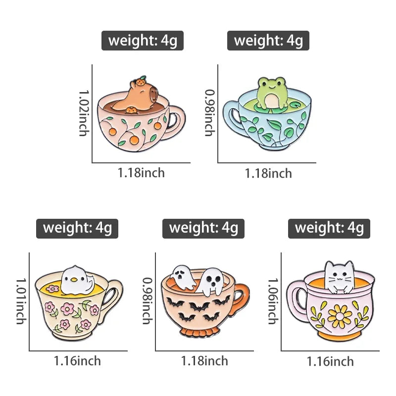Coffee & Animal Enamel Pin Collection – Cute Ghost, Duck, Frog & Capybara Brooches